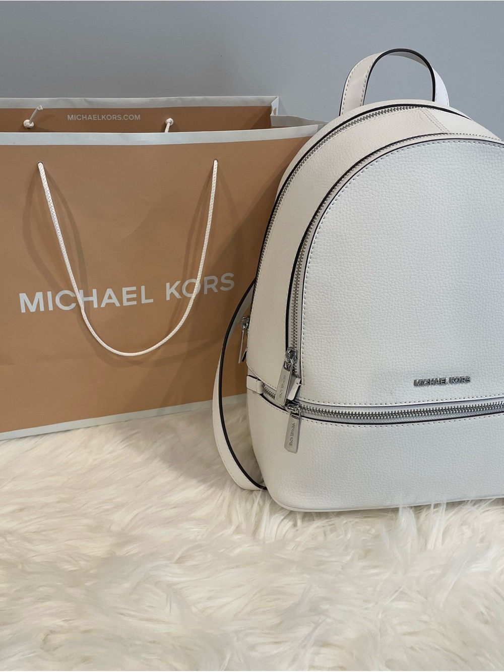 Michael Kors White Pebbled Leather Mini Backpack with Silver Hardware